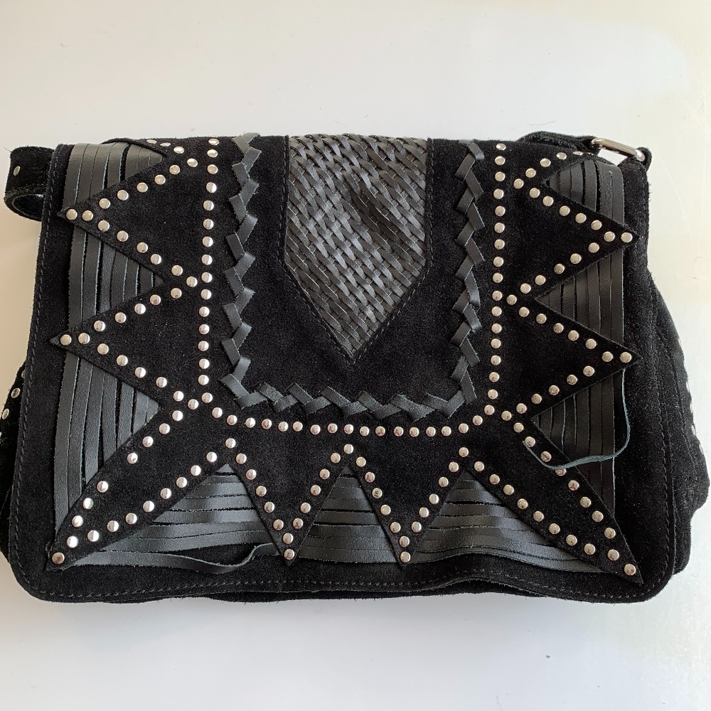 ZARA Black Suede Handbag Studded Boho